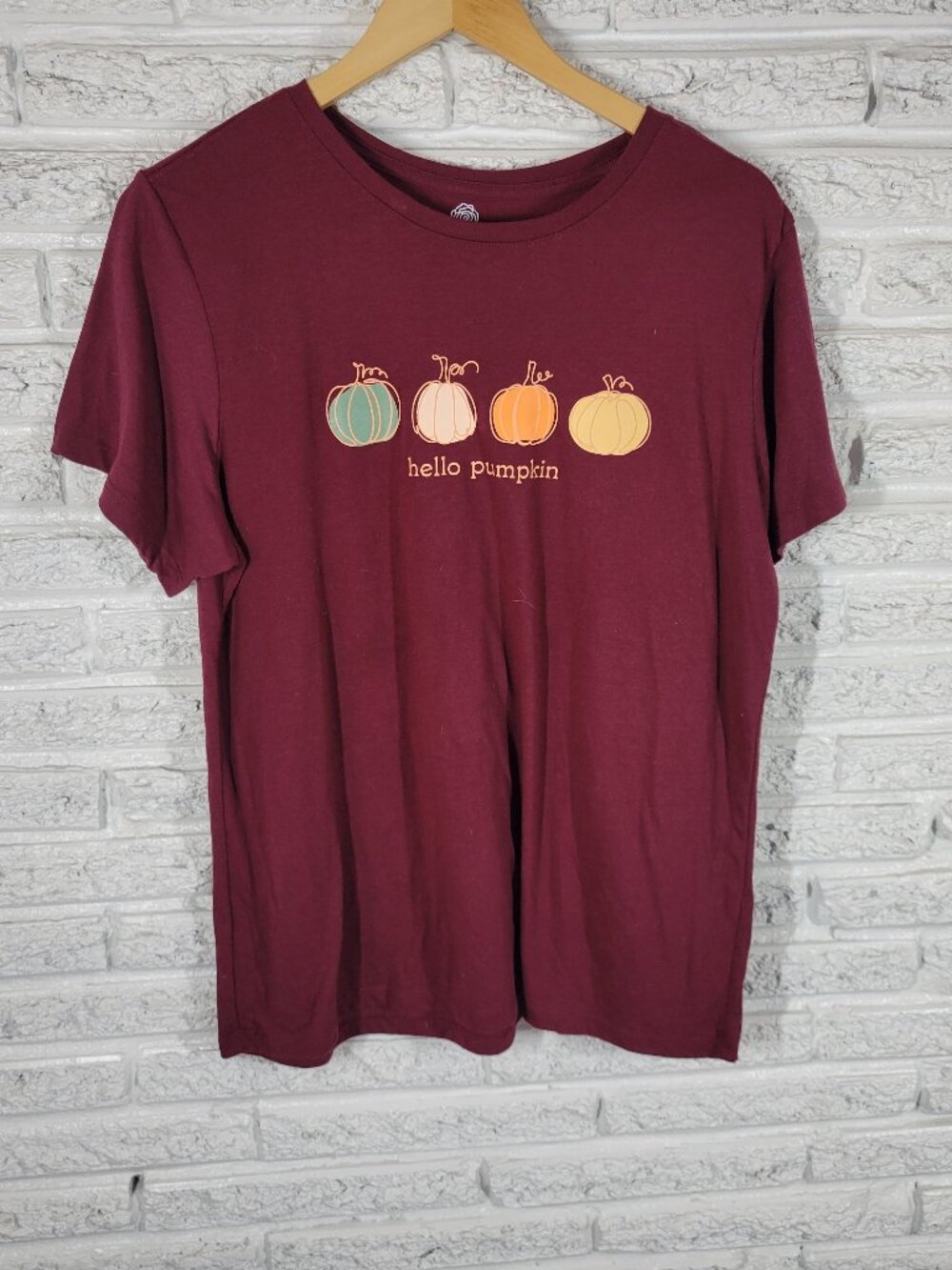 PositiviTees Womens XL Burgundy Hello Pumpkin Fall Short Sleeve T-Shirt BUR14E